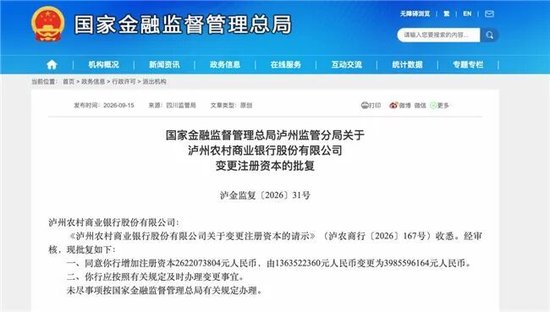 泸州农商银行获批增资至39.8亿元，泸州老窖集团、兴泸资产认购	，持股均超5%