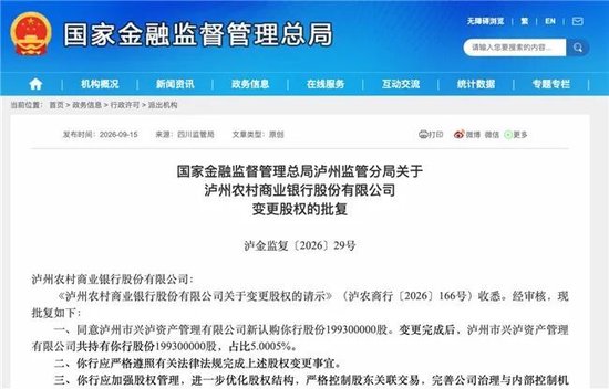 泸州农商银行获批增资至39.8亿元	，泸州老窖集团	、兴泸资产认购，持股均超5%